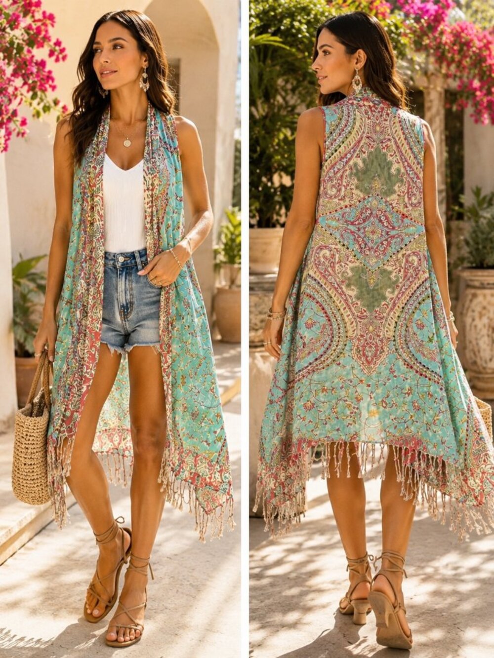 Boho Reversible Sleeveless Kimono Vest - Picture 1 of 7